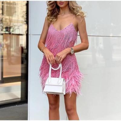 China Female Sequin Fringed Feather A Line Sleeveless Backless Wholesale Anti-Wrinkle Women Bodycon Nightclub Party Mini Dress Vestidos for sale