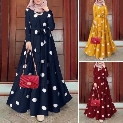 China Super Polka Dot Print Robe Long Dress Islamic Muslim Abaya Swing V Neck Vintage Dress Soft And Comfortable Women Large for sale