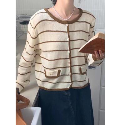 China New Small Sun Protection Striped Anti-wrinkle Coat Women's Long Sleeve Woolen Knitted Cardigan Sweater for sale