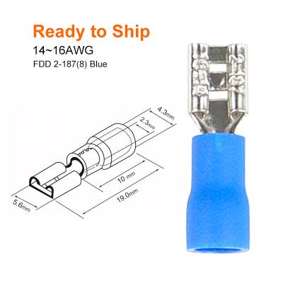 China FDD2- 14~16AWG 187(8) Blue PVC Insulated Female Disconnects Quick Crimp Electrical Terminal Connectors FDD 2 Blue 187(8) FDD2- 187(8) for sale