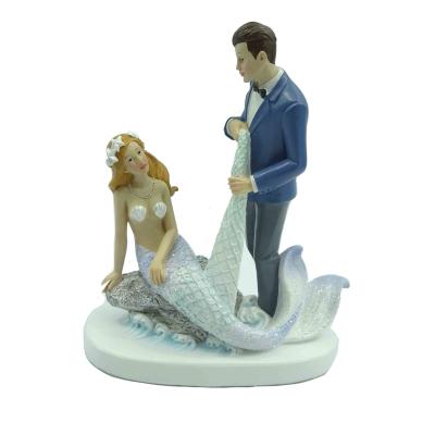 China Table Decoration Polyresin Wedding Cake Topper Romantic Couples Sea-maid Bride Design for sale