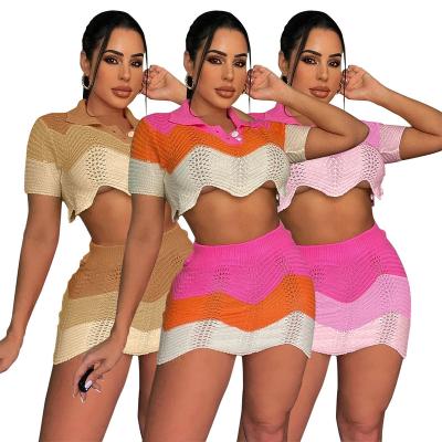 China New Arrival QUICK DRY 2022 Summer Knit Color Blocking Two Piece Set Crop Tops Mini Skirt Outfit Party Casual Women Set for sale