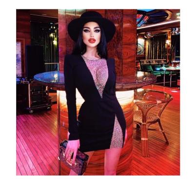 China Charming European and American Long Sleeve 2021 Breathable Black Rhinestone V-Neck Bandage Dress Atmospheric Brightening Evening Dress for sale