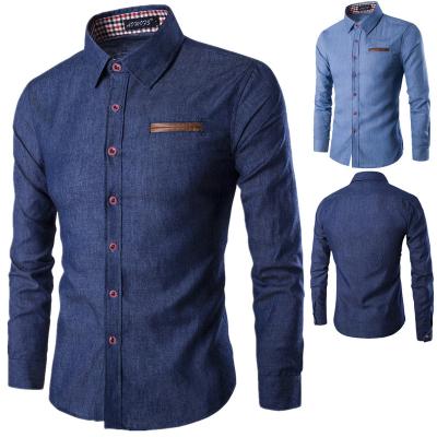 China Spandex/Polyester Fashion Denim Blue Shirt Men Long Sleeve Casual Shirts For Men Slim Fit Luxury Male Dress Shirts Formal Tops For New Year for sale