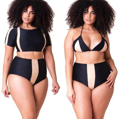 China Big Szie Laides Bikini Fat Women's Half Sleeve Swimwear Women's Bodysuit High Waist Breathable Split Color Matching Bikini for sale