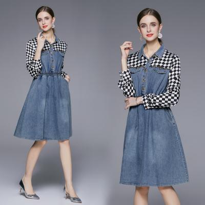 China Breathable Droma Women Denim Dress Long Sleeved Casual Shirt Collar Elegant Solid Color High Waist Knee-length Dress Single Breasted Dress for sale