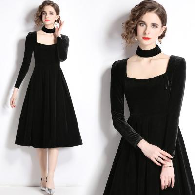 China Breathable Droma Womens Long Sleeve Elegant Fashion Casual Vintage Black Sexy Party Club Velvet Dresses Women for sale