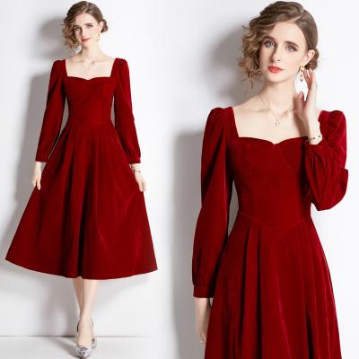 China Breathable Droma Women's Square Collar Long Sleeve Fashion Vintage Hem Velvet Elegant Sexy Dress for sale