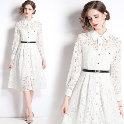 China Breathable Droma Custom Fashion Women's Clothing Casual Embroidery Classic Long Sleeve Waist Lace Up Women's Evening White Lace Dress for sale