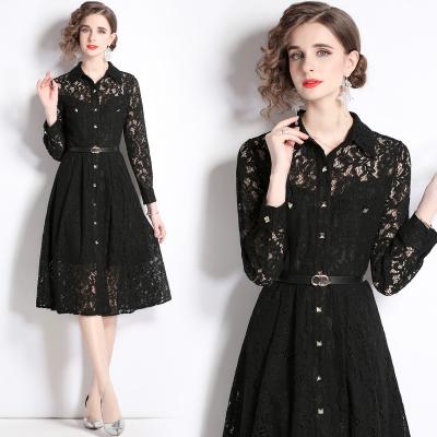 China Breathable Droma Long Sleeve Hollow Out Women Casual Dress Ladies Polo Neck Elegant Black Lace Midi Dresses With Belt for sale