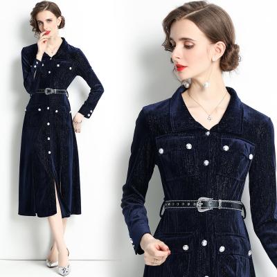 China Breathable Droma Dropshipping Oem Polo Neck Dark Blue Fashion Velvet Prom Evening Women Elegant Long Sleeve Party Dress for sale