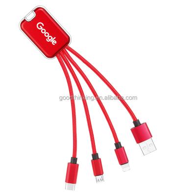 China Camera Logo With LED Fast Charging 3 In 1 Micro USB Type C Lightning Cable Mobile Charger With Cable USB Port Led Light for sale