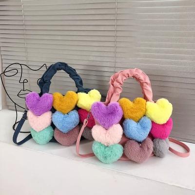 China Other Latest Design Tote Bags Hairy Fluffy Women Ladies Handbags Cute Fur Color Ladies Tote Bag Soft Heart Rainbow for sale