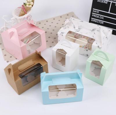 China Recycled Materials 6 Holes Muffin Box Kraft Paper Cupcake Boxes With Handle Window for sale