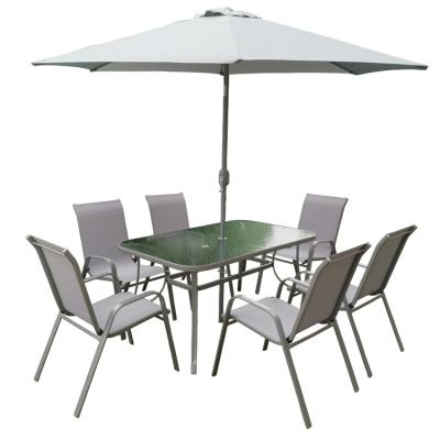 China Modern Outdoor 8Pcs Garden Dining Rectangular Chair Table 6 Seater Patio Furniture Set With Umbrella for sale