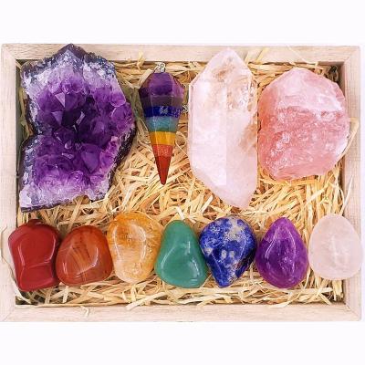 China China Custom 7 Chakra Set Box Premium Rolling Stone Rose Quartz Amethyst Chakra Pendulum Healing Crystal Set in Wooden Box for sale