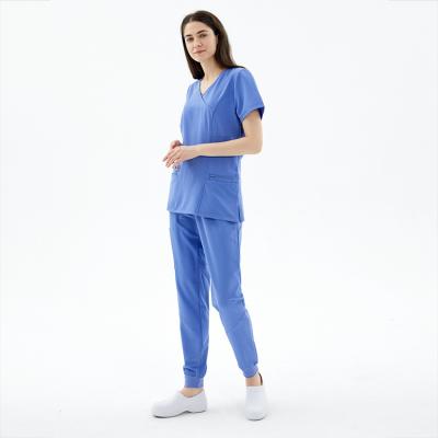 China Custom Logo Reusable Fashion Hospital Uniforms Reusable Medical Stretch Antibacterial Scrubs Fashionable Nurse Uniform for sale