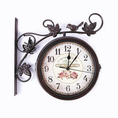 China Country Style 16inch Single Sided Wall Clock Iron Metal Home Decorative Rustic Antique Retro Bird Style Double Sided Wall Clock For Wedding Cafe for sale