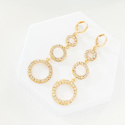 China New Design CLASSIC Zircon Jewelry Earrings Brass Made 24K Gold Plated Circle Three Long Earrings Wedding Bridal Crystal Earrings for sale