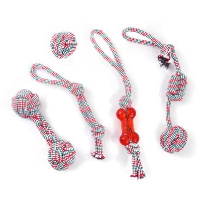 China Pet Matching Colorful Viable Toy Set 5 Pack Rope Knot Dog Cat Bite Resistant Toy Christmas Cotton Rope for sale