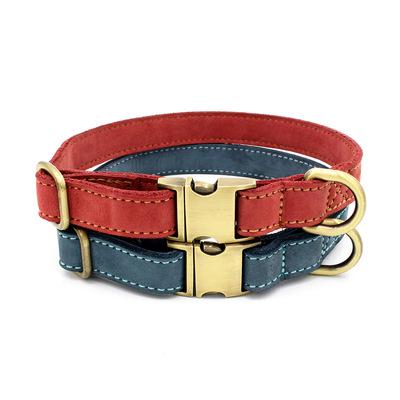 China Wholesale Personalized Engravable Metal Buckle Collar Pet Leash Cowhide Pet Training Bronze Collar for sale