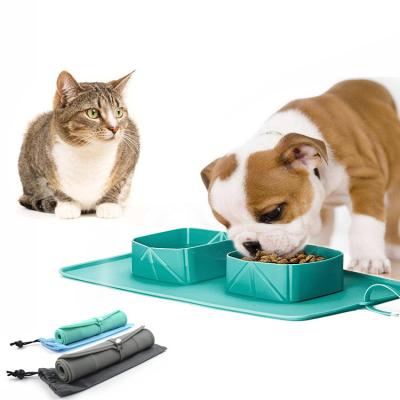 China Automatic Turquoise Portable Rolled Pet Bowl Double And Collapsible Mat For Cat Or Dog Bowl for sale