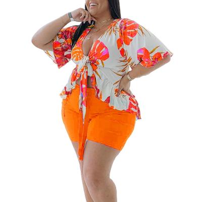 China Summer Anti-pilling Fashion Casual Hawaiian Print Plus Size Half Sleeve Casual Two Piece Female for sale