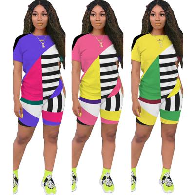 China Wholesale waterproof fashion splicing geometric stripes hit color sports casual ladies two-piece suit for sale