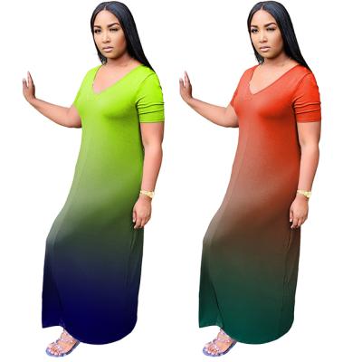 China Anti-Static V-Neck Women's Anti-Static Sleeve Shorts Cotton Dress Fashion Gradient Slim Dress Streetwear for sale