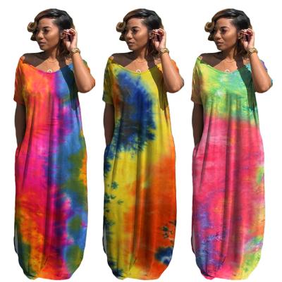 China Cotton Short Sleeve V-Neck Stretch Anti-Static Fashion Dye Tie-Dye Casual Slim Dress Vacation Women's Clothing for sale