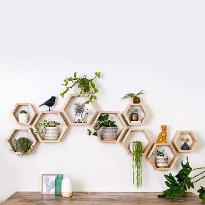 China Hot Selling Hexagonal Floating Wooden Wall Shelves Wall Shelf Decoration View Shelf Minimal Wall Mounted Storage Honeycomb for sale