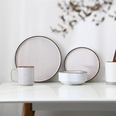 China Viable High Quality Porcelain Dinnerware Set 4pcs Unique Gray Home Restaurant Dinner Sets With Brown Rim for sale