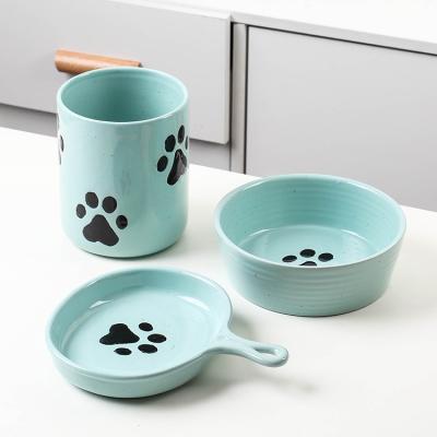 China Sustainable Green Modern Fresh Pattern Family Cat Footprint Nordic Cartoon Dishes Sets Ceramic Tableware for sale