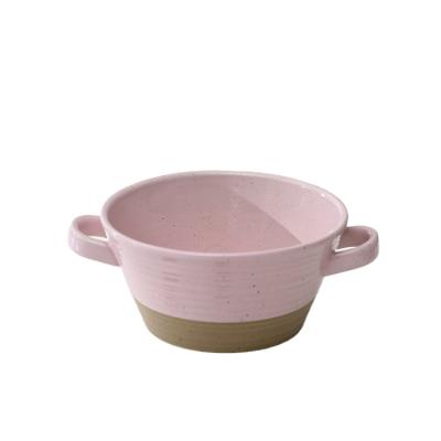 China Viable latest design pink round home hotel brown striped embossed ceramic bakeware with double handle for sale