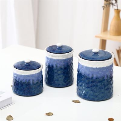 China Wholesale Viable Bulk Blue Glossy Sugar Tea Coffee Jar Storage Custom China Porcelain Large Canister Set With Lid for sale