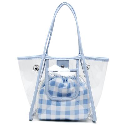 China Lady 2 in 1 women handbag set clear summer fashion PVC beach tote bag with small purse clutch shoulder chain for sale