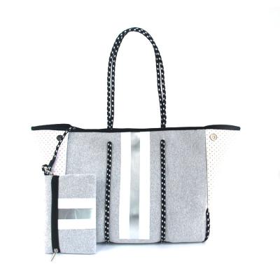 China Manufacturer Fabric Handbag Women Neoprene Bag Casual Waterproof Oil Proof Neoprene Tote With Stripe for sale