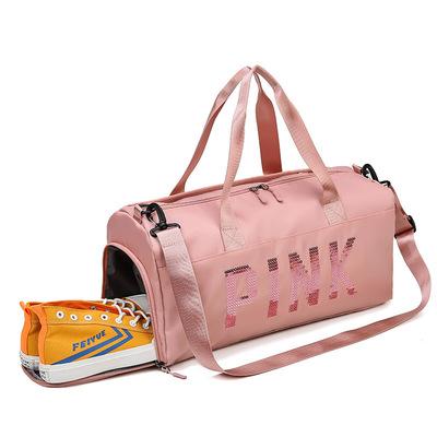 China Fashion Logo Color Lightweight Custom PINK Folding Duffel Bag Stylish Gym With Shoes Clothes Wet Compartments for sale