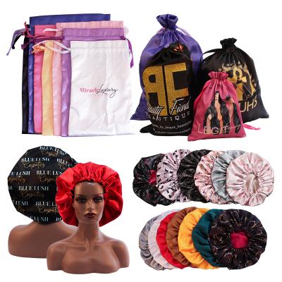 China Eco-friendly custom made 100% silk satin hair wraps, hair bonnets, hair bags with your brand logo for sale