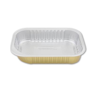 China Food Grade 320ml Disposable Take Away Aluminum Foil Food Tray Molds With Plastic Lid for sale