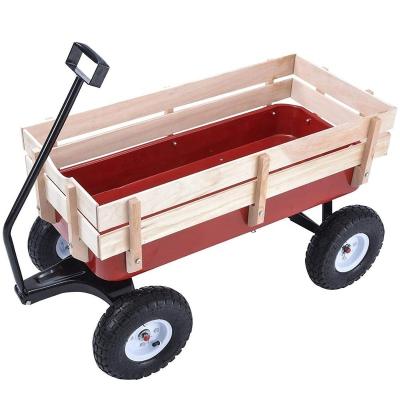 China Red Outdoor Garden Work Cart ALL Terrain Pulling Kids Kids Garden Cart With Wooden Railing for sale