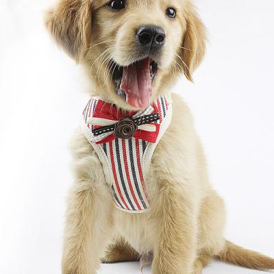 China Adjustable Viable No Pull Breathable Luxury Stripe Dog Harness Cute Cotton Harness Vest With Bow Tie For Puppy for sale