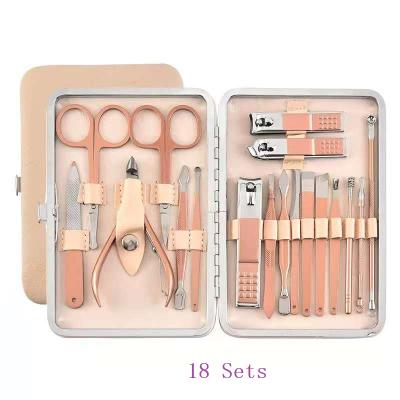 China High Quality Rose Gold Color Stainless Steel Nail Clippers Set 18 Nail Edger Cutter Nail Cleaning Tool for sale