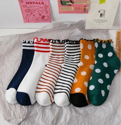 China Breathable Ruffle Socks Cotton Women Cute Ankle Socks Striped Soft Korean Dots Socks for sale