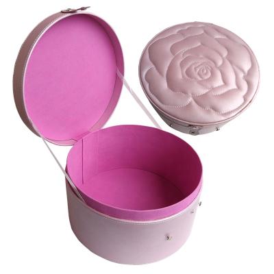 China Affordable Luxury Leather Cosmetic Case Makeup Round Cardboard Box PU Packaging Boxes for sale