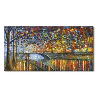 China Modern Hand Painted Rainy Night Walk Near The Bridge Oil Painting Landscape Canvas Painting For Home Wall Decor for sale