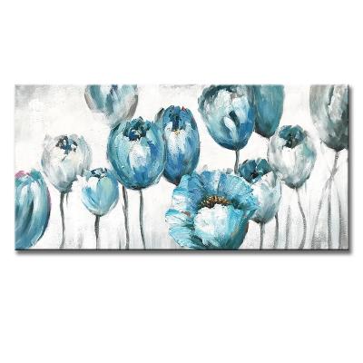 China Wholesale Modern 3D Textured Blue Tulips Canvas Flower Oil Painting For Wall Hand Painted Decor Ready To Hang Size In 24*48 Inches for sale