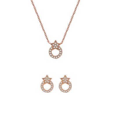 China TRENDY S925 Rose Gold Plated Silver CZ Diamond Star Circle Earrings and Necklace Jewelry Set Wholesale Bride's Gift for sale