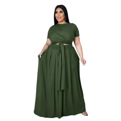 China Sustainable Best Selling Cut Short Sleeve Plus Size Dress And Skirt Solid Summer Sets For Women Dress Lace Up Two Piece Outfit for sale