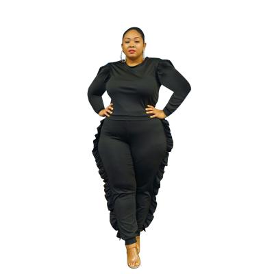 China 2021 Fashionable Breathable Plus Size Workout Jogger Set Ruffles Black Women 2 Piece Set Casual Solid Outfits for sale